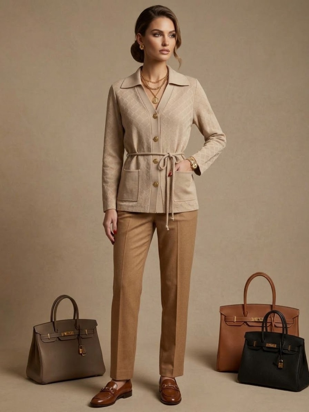 VTG Hedy Knits California Cardigan Sweater Medium Beige Gold Crest Buttons Belte